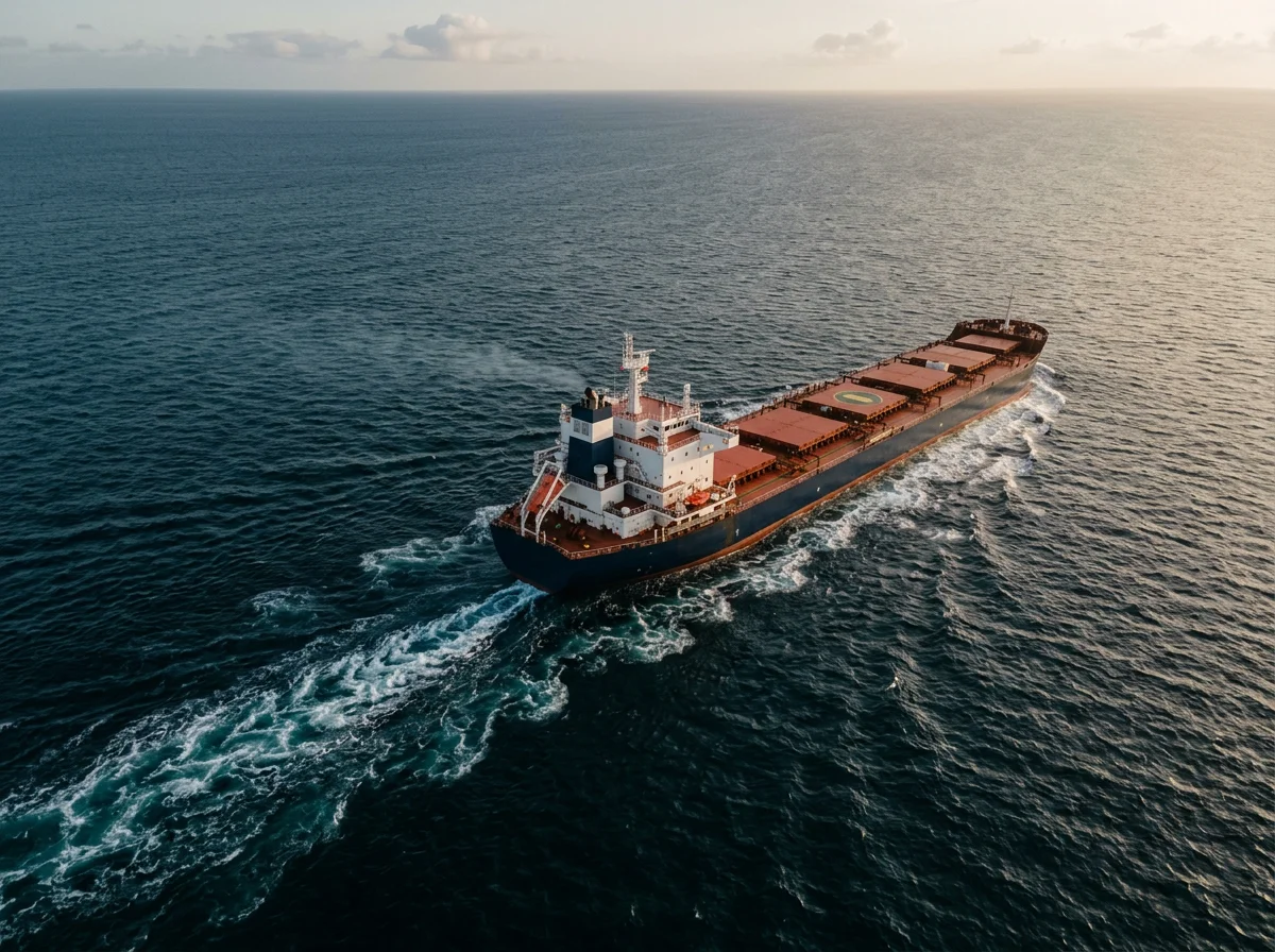 A cargo vessel charts a course across the open sea